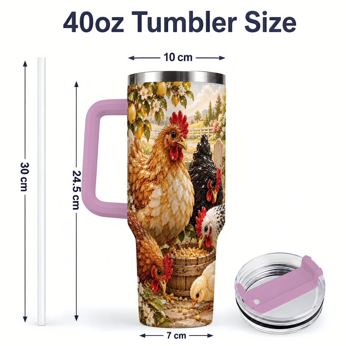 #pl[40oz|Pink] Farm Chicken Tumbler 40oz, Hen Chick Floral Country Farmhouse Artwork