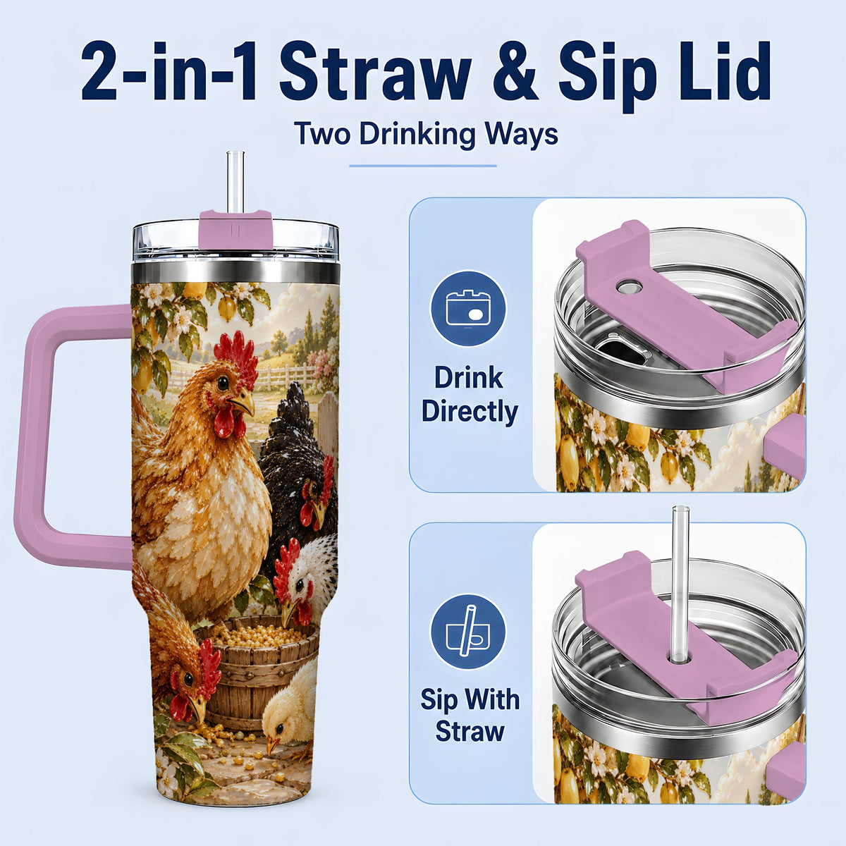 #pl[40oz|Pink] Farm Chicken Tumbler 40oz, Hen Chick Floral Country Farmhouse Artwork
