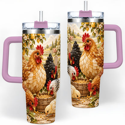 #pl[40oz|Pink] Farm Chicken Tumbler 40oz, Hen Chick Floral Country Farmhouse Artwork