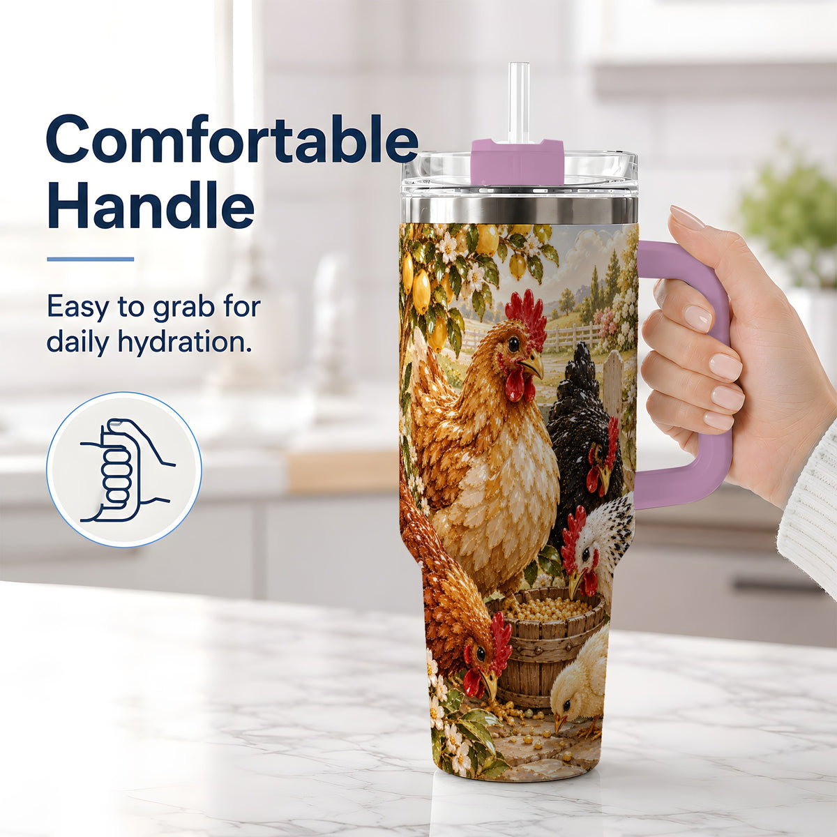 #pl[40oz|Pink] Farm Chicken Tumbler 40oz, Hen Chick Floral Country Farmhouse Artwork
