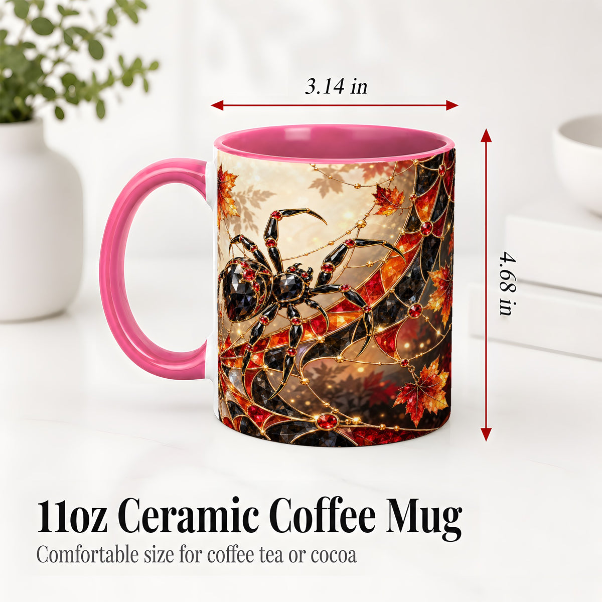 #pl[11oz|Pink] Halloween Spider Web Ceramic Mug, Autumn Maple Leaf Artwork