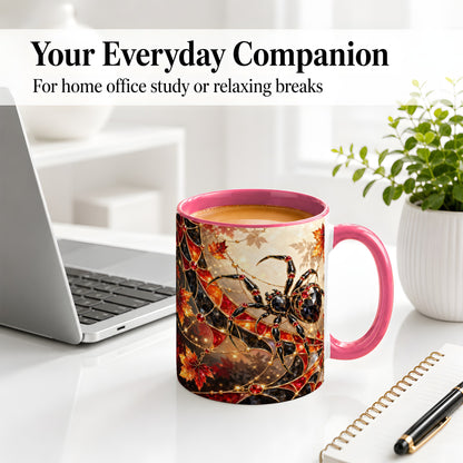 #pl[11oz|Pink] Halloween Spider Web Ceramic Mug, Autumn Maple Leaf Artwork