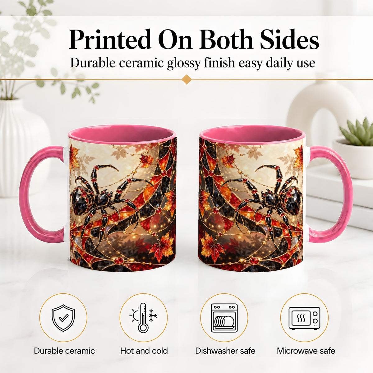 #pl[11oz|Pink] Halloween Spider Web Ceramic Mug, Autumn Maple Leaf Artwork