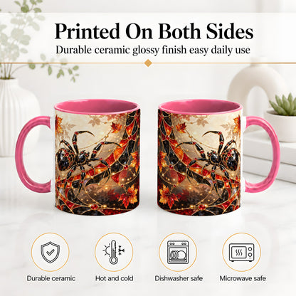 #pl[11oz|Pink] Halloween Spider Web Ceramic Mug, Autumn Maple Leaf Artwork