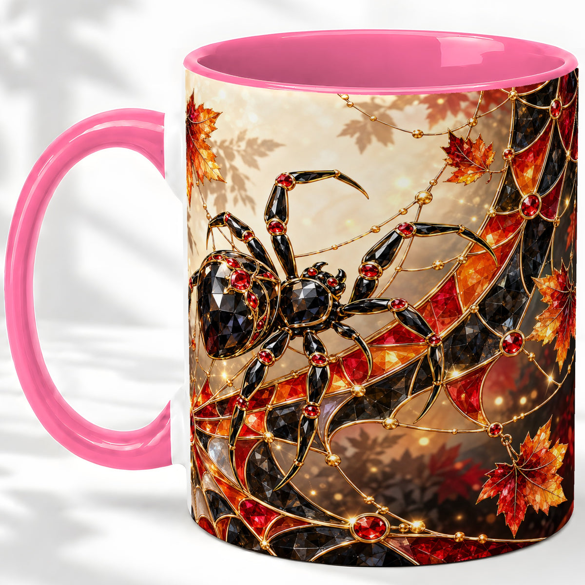 #pl[11oz|Pink] Halloween Spider Web Ceramic Mug, Autumn Maple Leaf Artwork