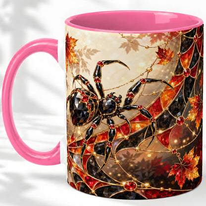 #pl[11oz|Pink] Halloween Spider Web Ceramic Mug, Autumn Maple Leaf Artwork