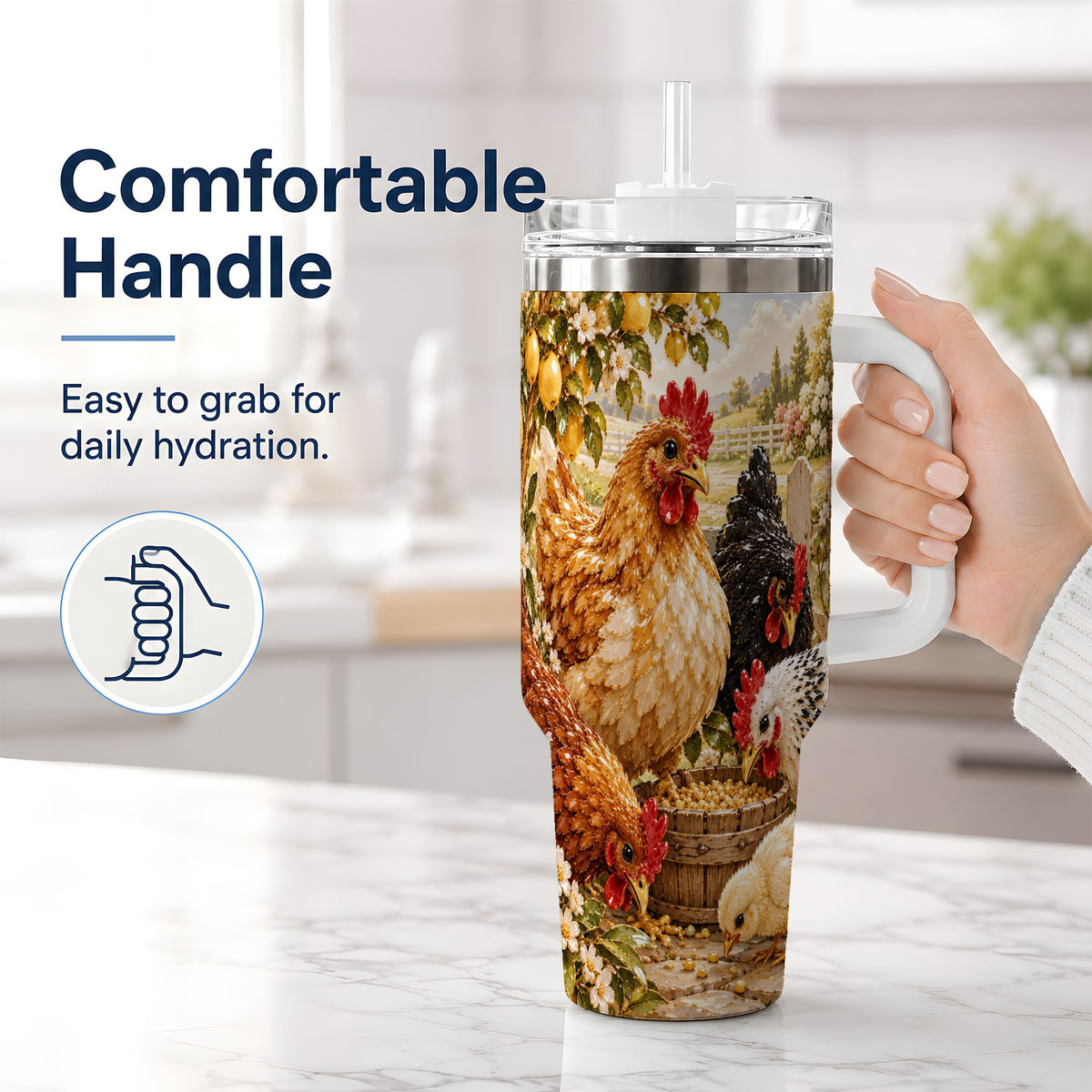 #pl[40oz|White] Farm Chicken Tumbler 40oz, Hen Chick Floral Country Farmhouse Artwork