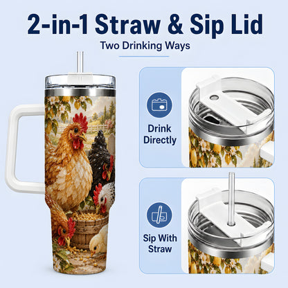 #pl[40oz|White] Farm Chicken Tumbler 40oz, Hen Chick Floral Country Farmhouse Artwork