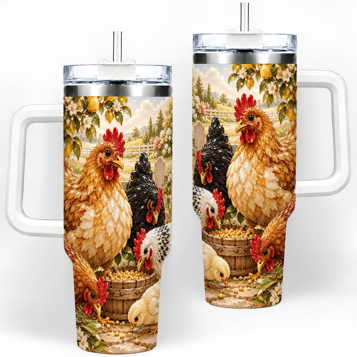 Farm Chicken Tumbler 40oz, Hen Chick Floral Country Farmhouse Artwork