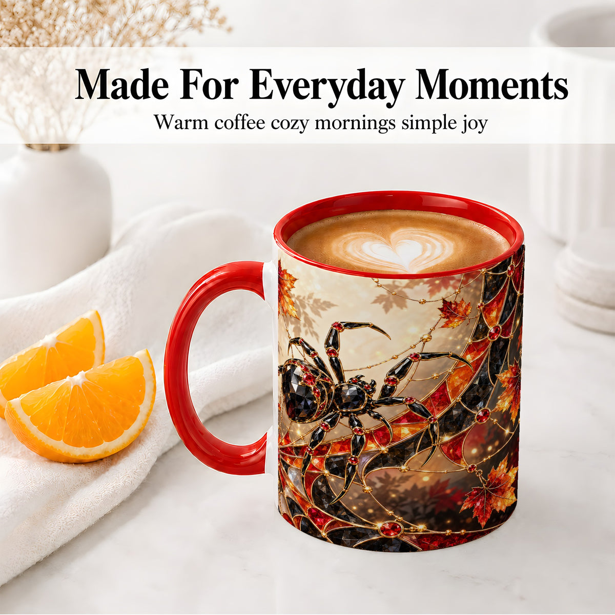 #pl[11oz|Red] Halloween Spider Web Ceramic Mug, Autumn Maple Leaf Artwork