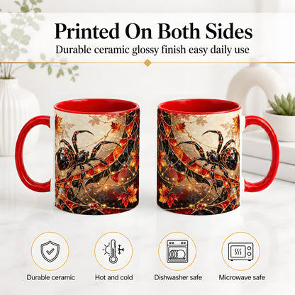 #pl[11oz|Red] Halloween Spider Web Ceramic Mug, Autumn Maple Leaf Artwork