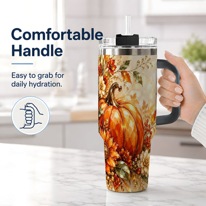 #pl[40oz|Black] Autumn Pumpkin 40oz Tumbler, Floral Fall Artwork for Autumn Lovers