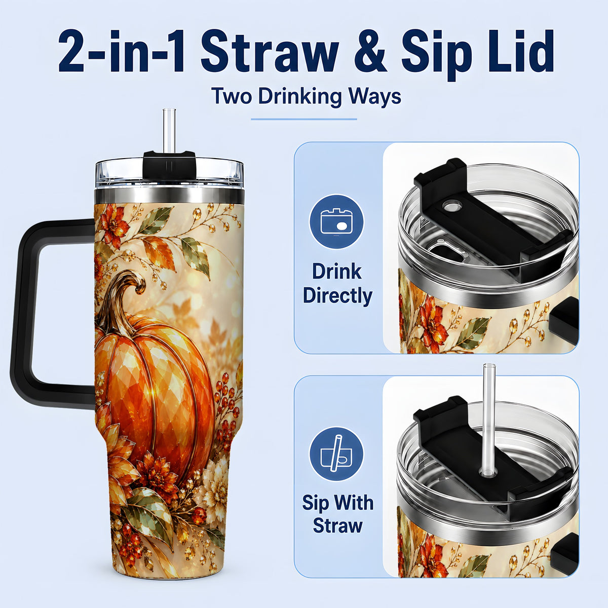#pl[40oz|Black] Autumn Pumpkin 40oz Tumbler, Floral Fall Artwork for Autumn Lovers