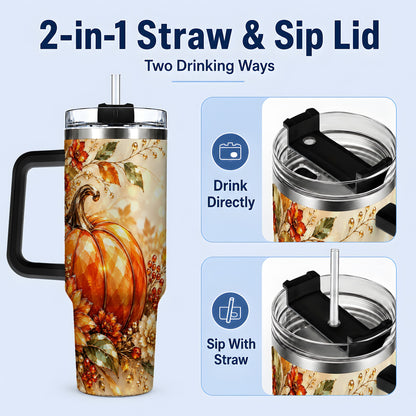 #pl[40oz|Black] Autumn Pumpkin 40oz Tumbler, Floral Fall Artwork for Autumn Lovers