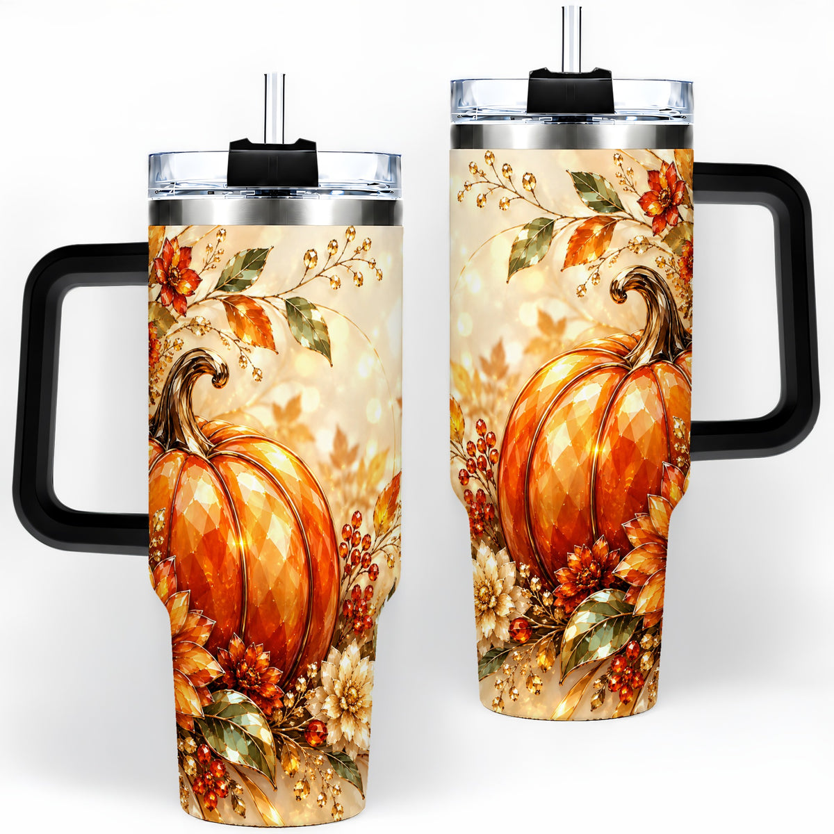 #pl[40oz|Black] Autumn Pumpkin 40oz Tumbler, Floral Fall Artwork for Autumn Lovers