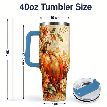 #pl[40oz|Blue] Autumn Pumpkin 40oz Tumbler, Floral Fall Artwork for Autumn Lovers