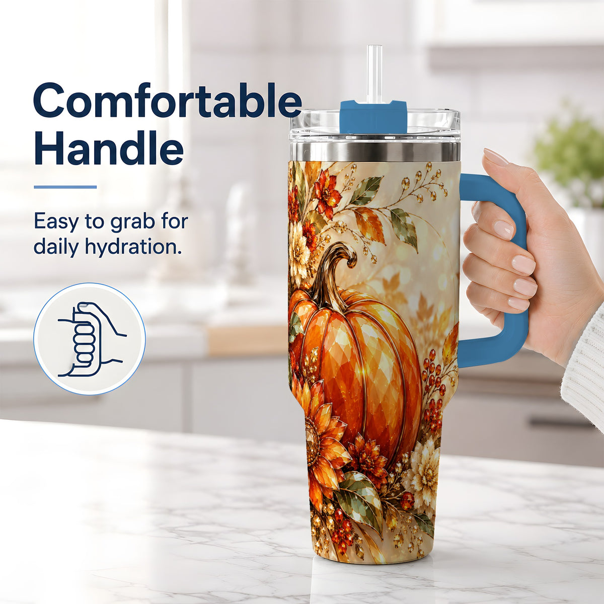#pl[40oz|Blue] Autumn Pumpkin 40oz Tumbler, Floral Fall Artwork for Autumn Lovers