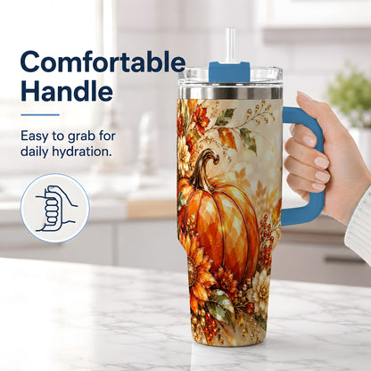 #pl[40oz|Blue] Autumn Pumpkin 40oz Tumbler, Floral Fall Artwork for Autumn Lovers