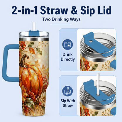 #pl[40oz|Blue] Autumn Pumpkin 40oz Tumbler, Floral Fall Artwork for Autumn Lovers