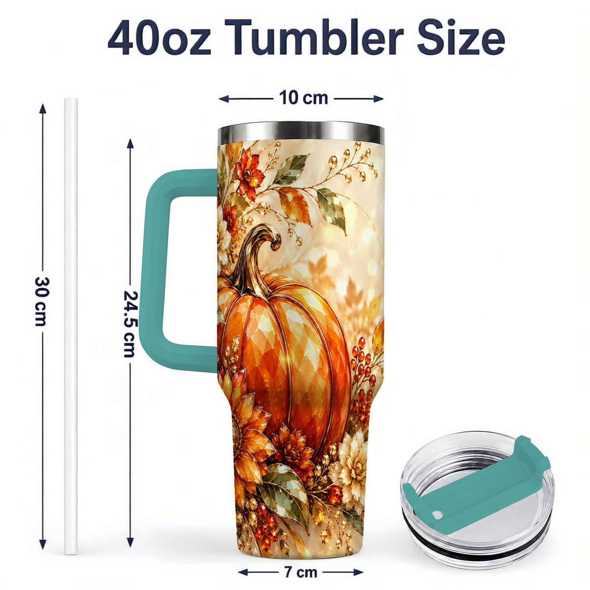 #pl[40oz|Green] Autumn Pumpkin 40oz Tumbler, Floral Fall Artwork for Autumn Lovers