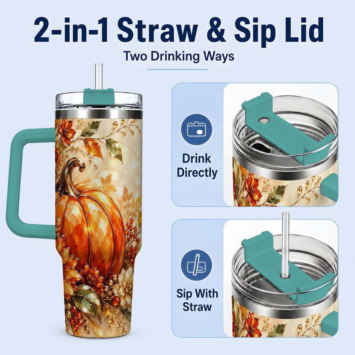 #pl[40oz|Green] Autumn Pumpkin 40oz Tumbler, Floral Fall Artwork for Autumn Lovers