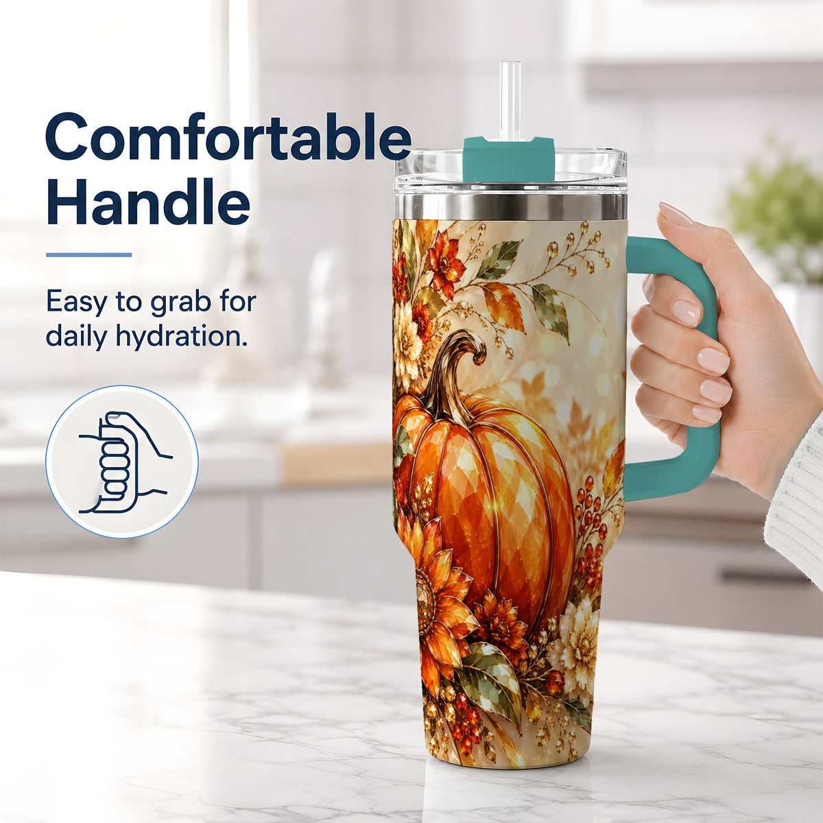 #pl[40oz|Green] Autumn Pumpkin 40oz Tumbler, Floral Fall Artwork for Autumn Lovers