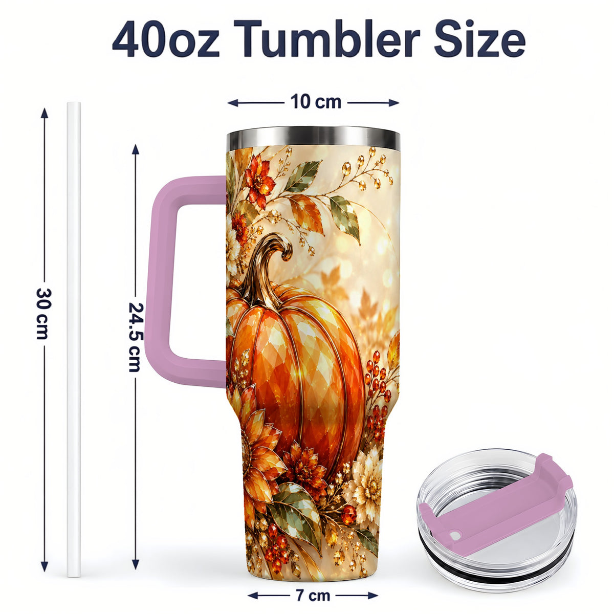 #pl[40oz|Pink] Autumn Pumpkin 40oz Tumbler, Floral Fall Artwork for Autumn Lovers