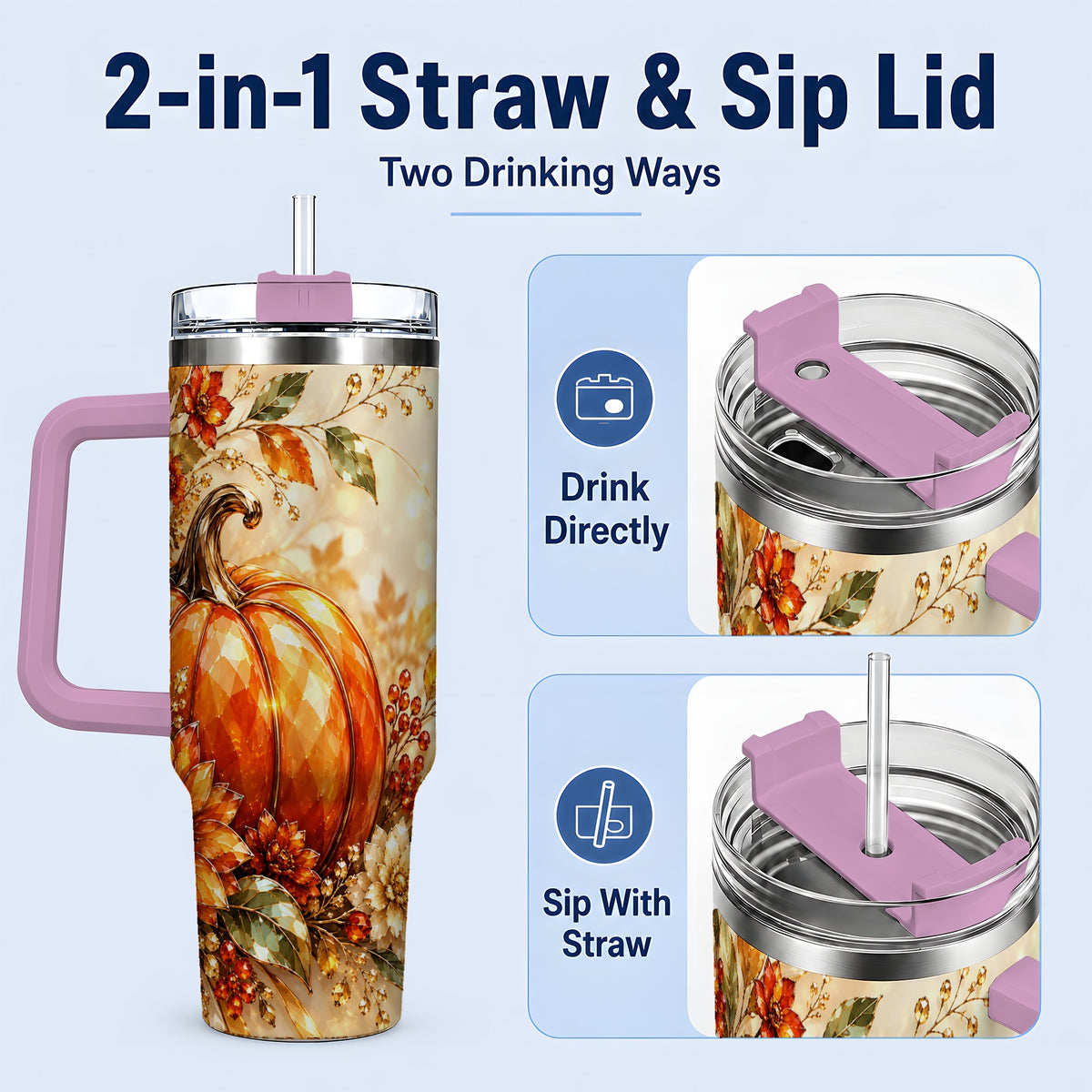 #pl[40oz|Pink] Autumn Pumpkin 40oz Tumbler, Floral Fall Artwork for Autumn Lovers