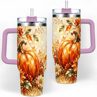 #pl[40oz|Pink] Autumn Pumpkin 40oz Tumbler, Floral Fall Artwork for Autumn Lovers