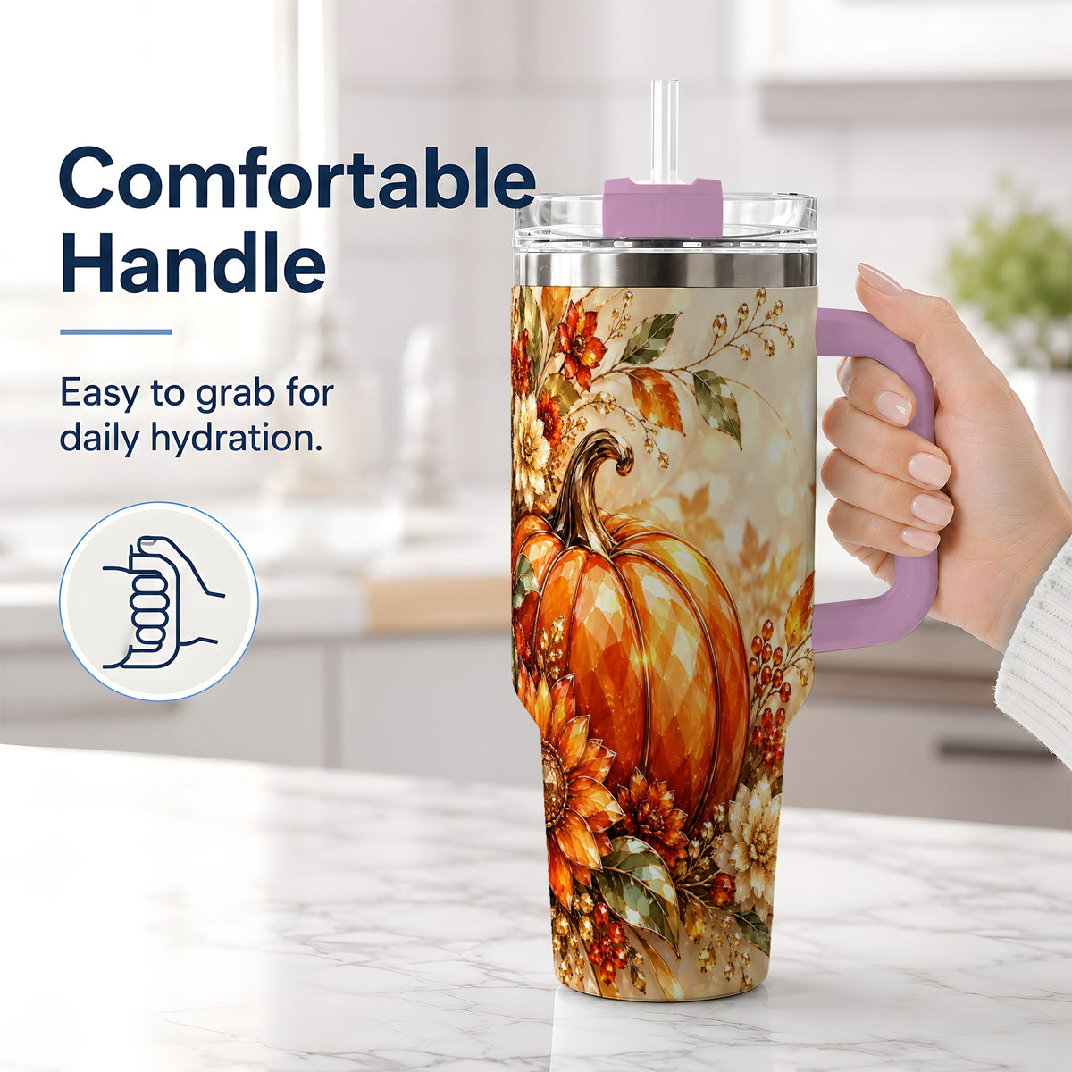 #pl[40oz|Pink] Autumn Pumpkin 40oz Tumbler, Floral Fall Artwork for Autumn Lovers