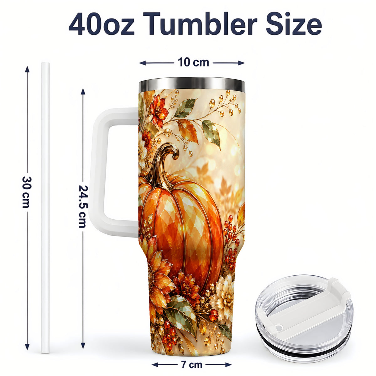 #pl[40oz|White] Autumn Pumpkin 40oz Tumbler, Floral Fall Artwork for Autumn Lovers