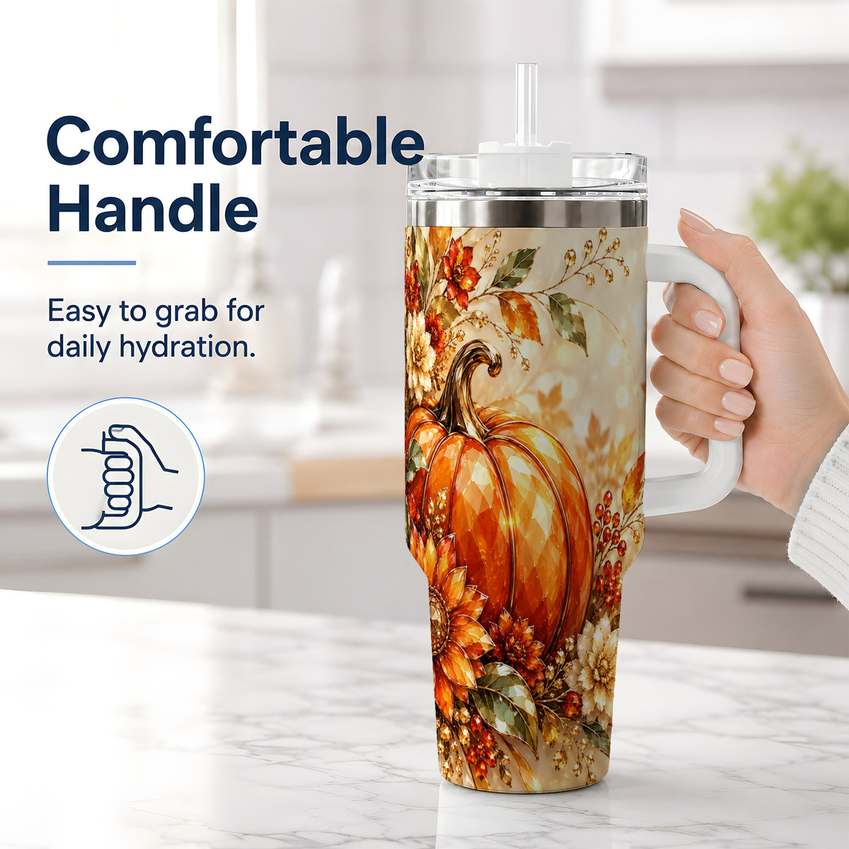 #pl[40oz|White] Autumn Pumpkin 40oz Tumbler, Floral Fall Artwork for Autumn Lovers