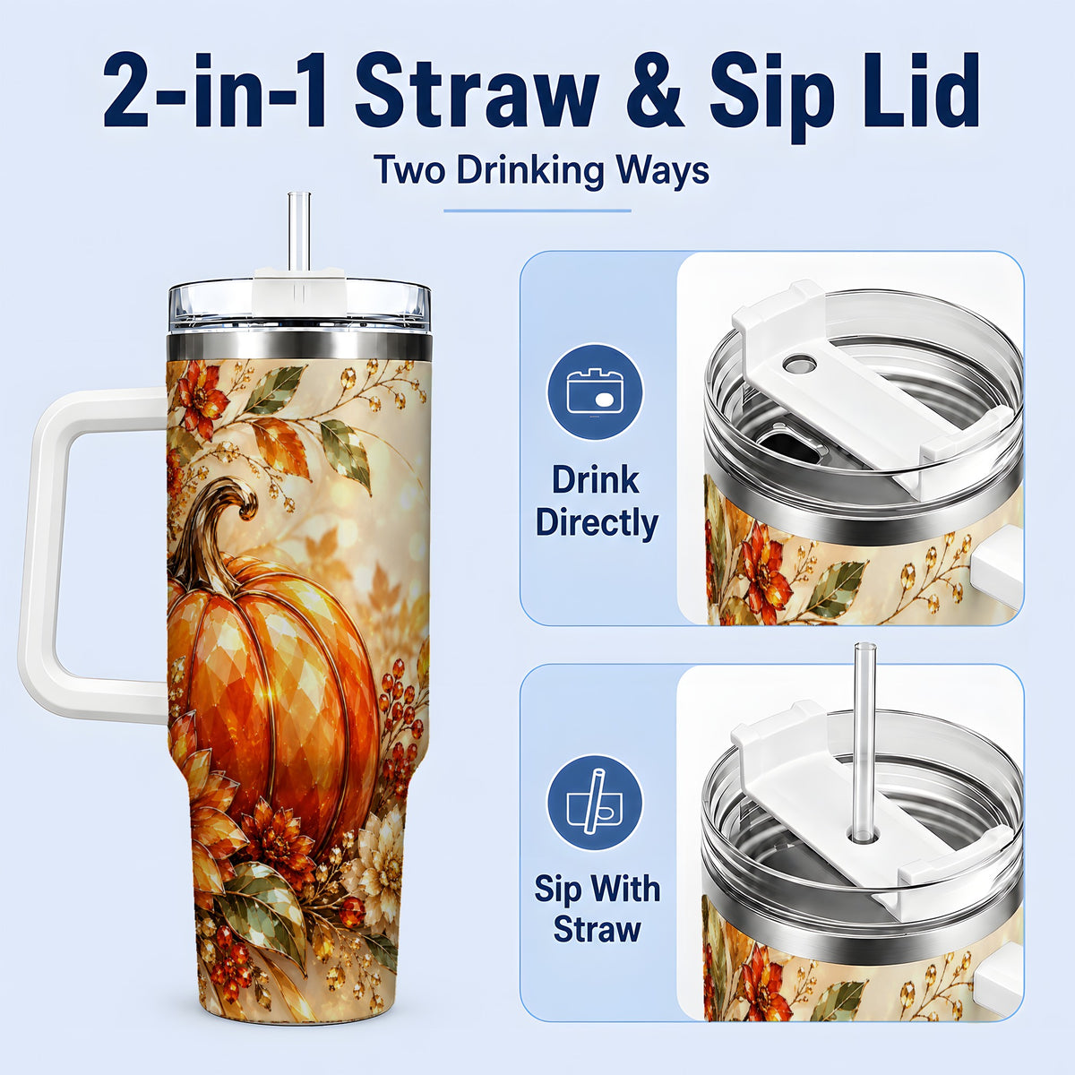 #pl[40oz|White] Autumn Pumpkin 40oz Tumbler, Floral Fall Artwork for Autumn Lovers