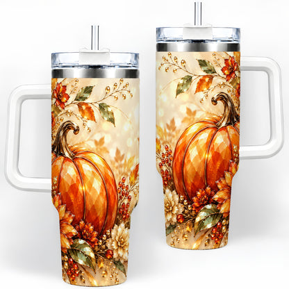 Autumn Pumpkin 40oz Tumbler, Floral Fall Artwork for Autumn Lovers