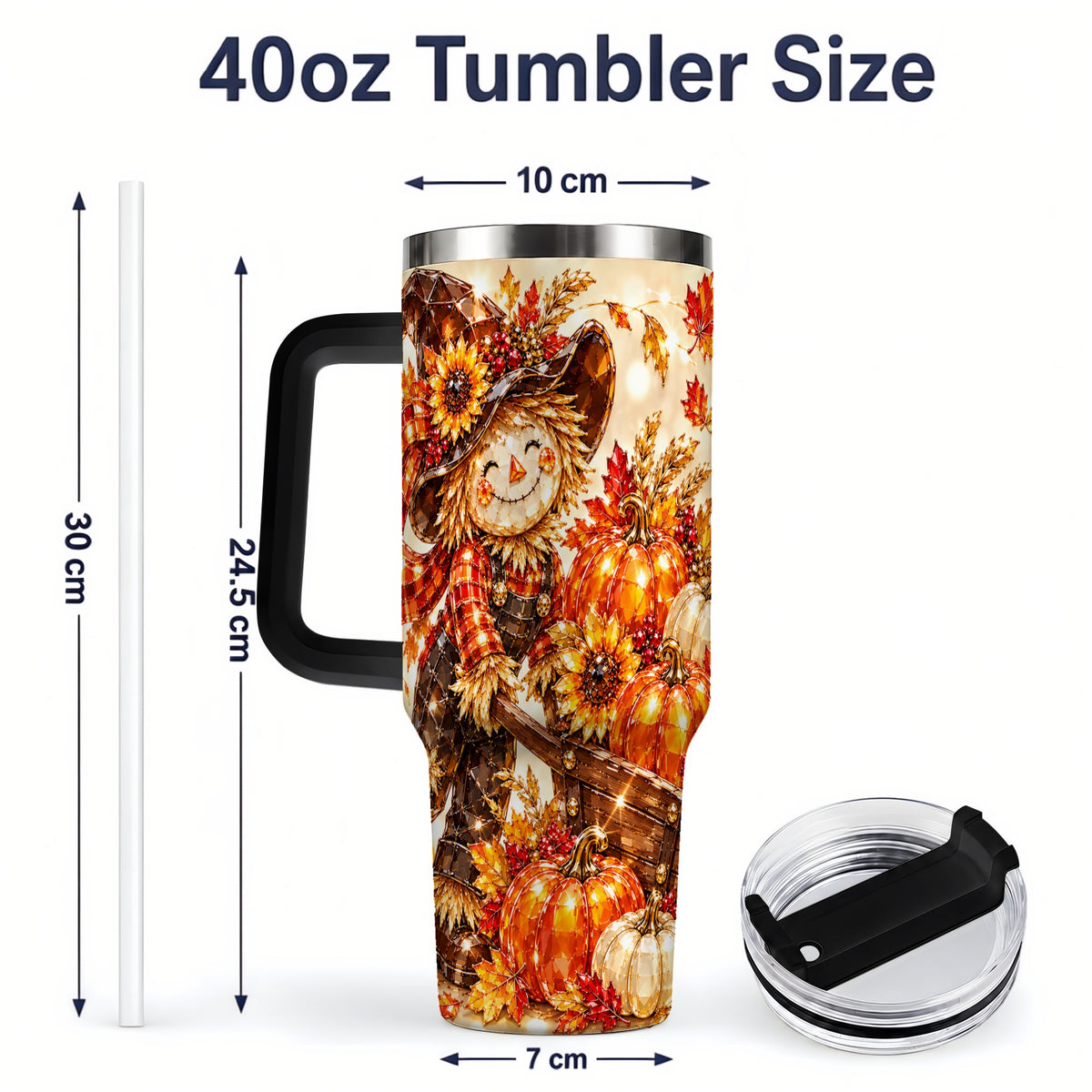 #pl[40oz|Black] Harvest Scarecrow 40oz Tumbler, Pumpkin Wagon Artwork for Fall Lovers