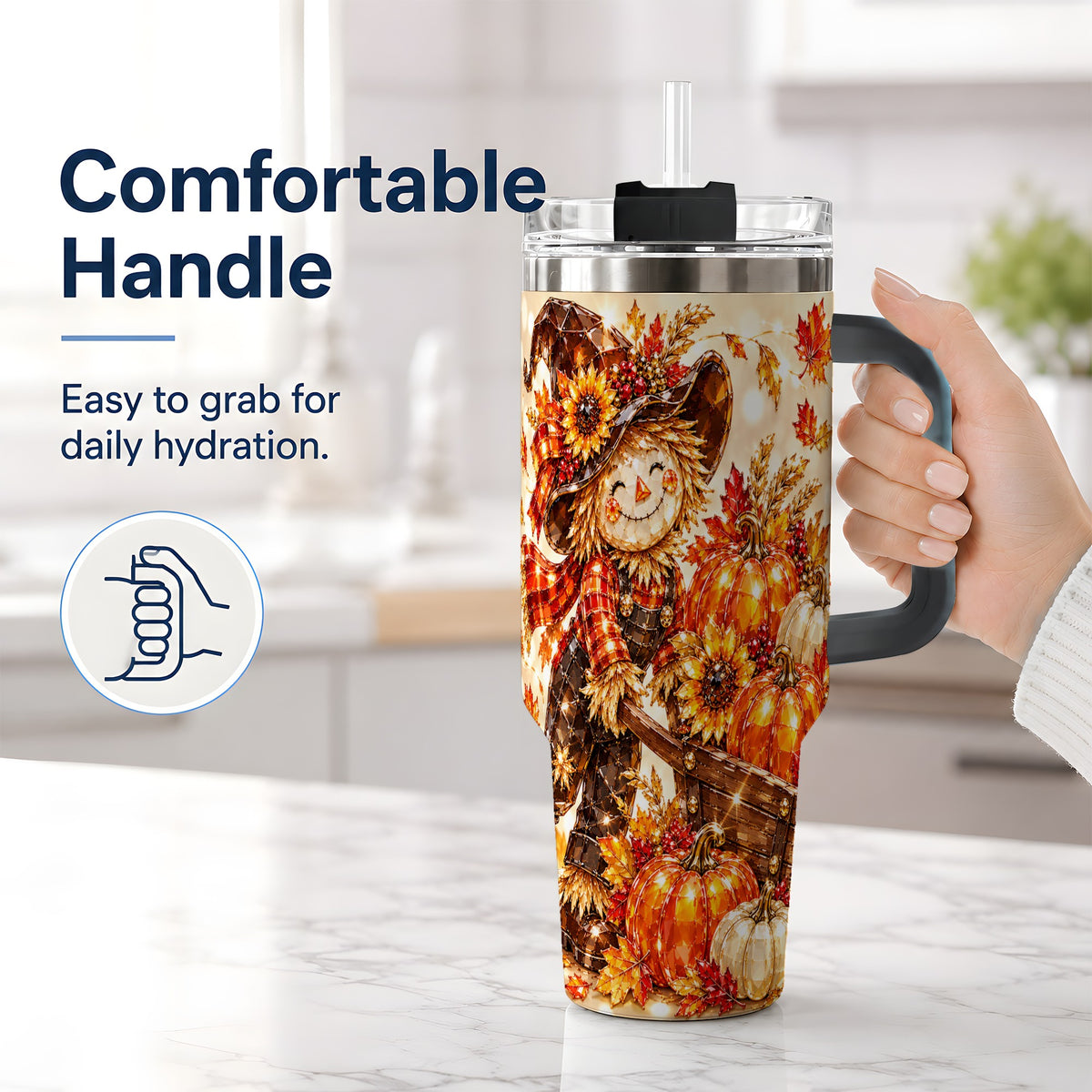 #pl[40oz|Black] Harvest Scarecrow 40oz Tumbler, Pumpkin Wagon Artwork for Fall Lovers