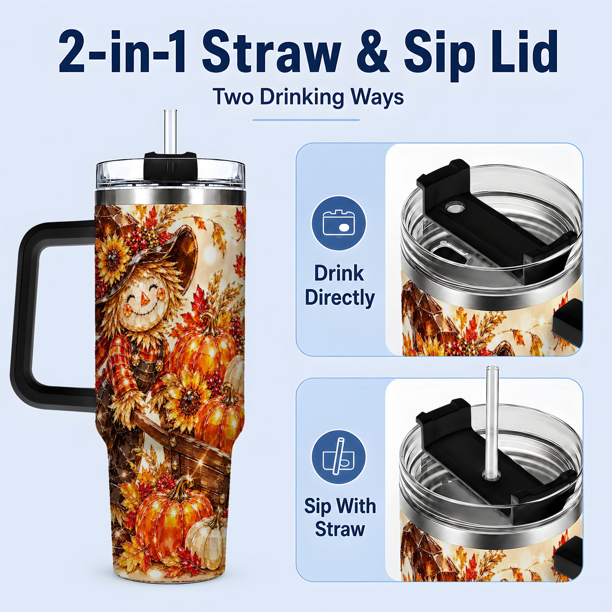 #pl[40oz|Black] Harvest Scarecrow 40oz Tumbler, Pumpkin Wagon Artwork for Fall Lovers