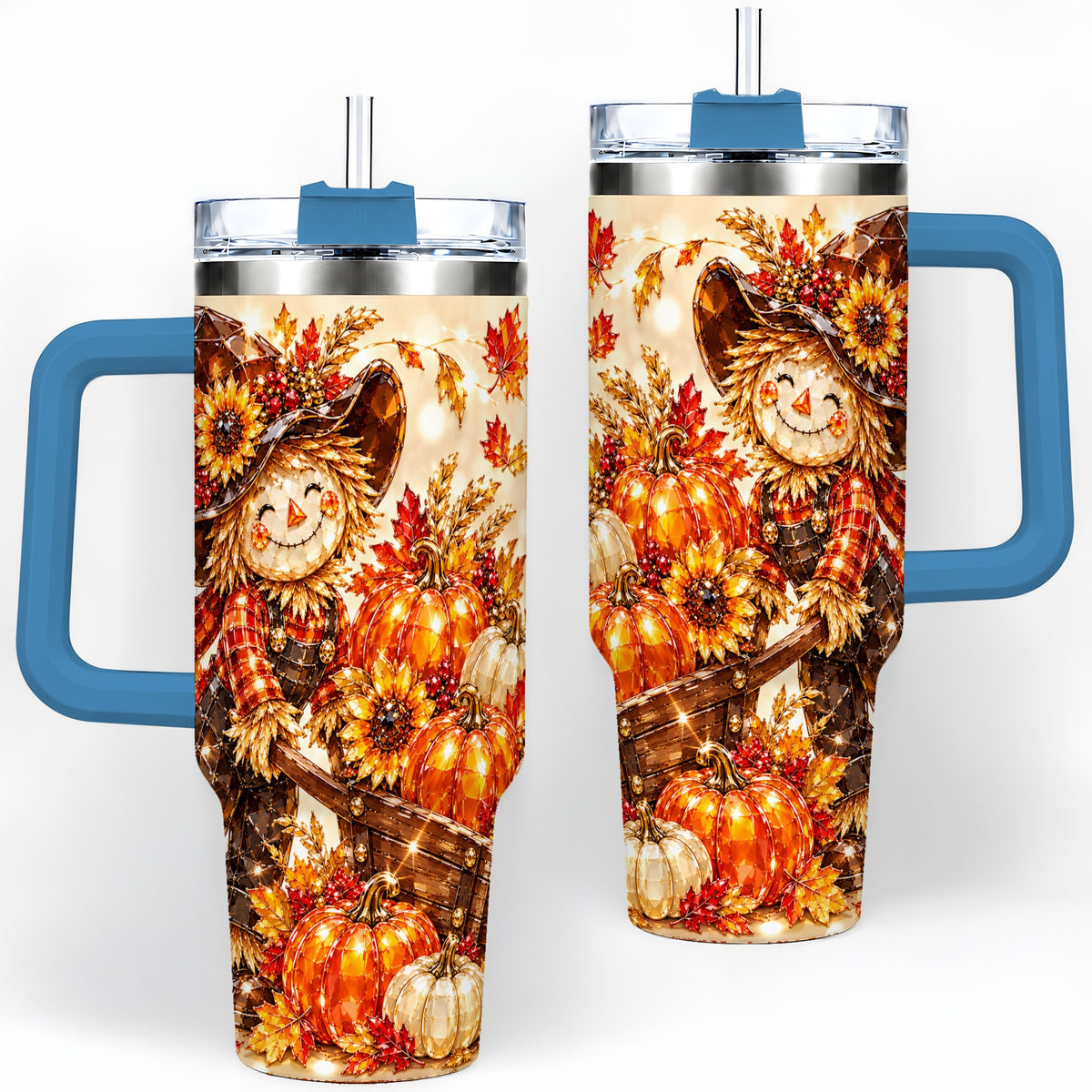 #pl[40oz|Blue] Harvest Scarecrow 40oz Tumbler, Pumpkin Wagon Artwork for Fall Lovers