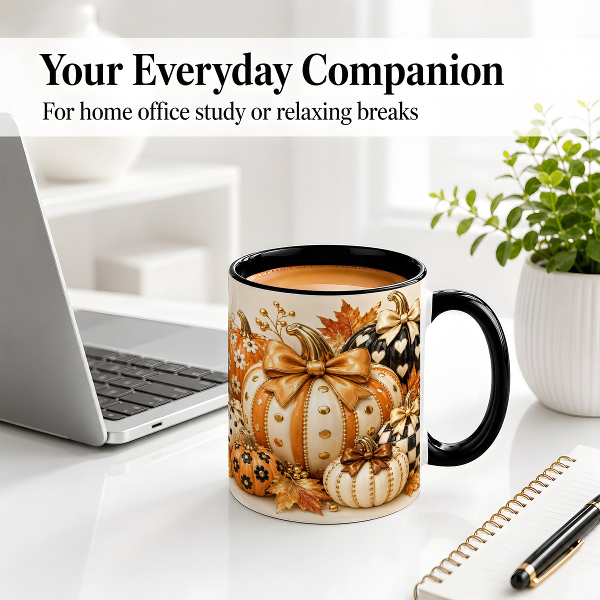 #pl[11oz|Black] Cute Fall Pumpkin Bow Ceramic Mug, Floral Polka Dot Artwork