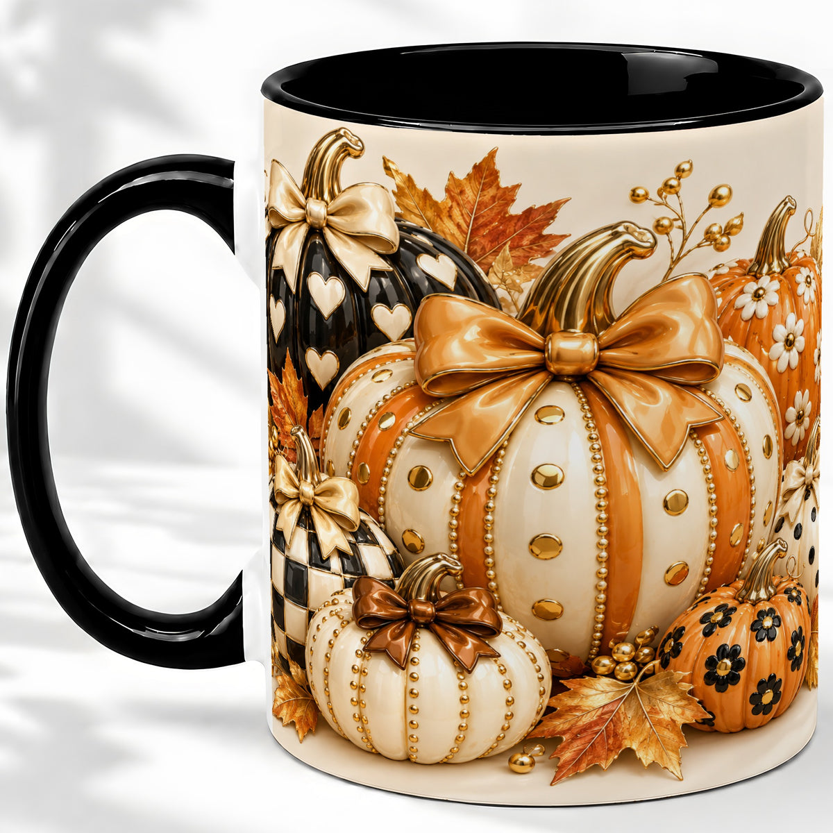 #pl[11oz|Black] Cute Fall Pumpkin Bow Ceramic Mug, Floral Polka Dot Artwork
