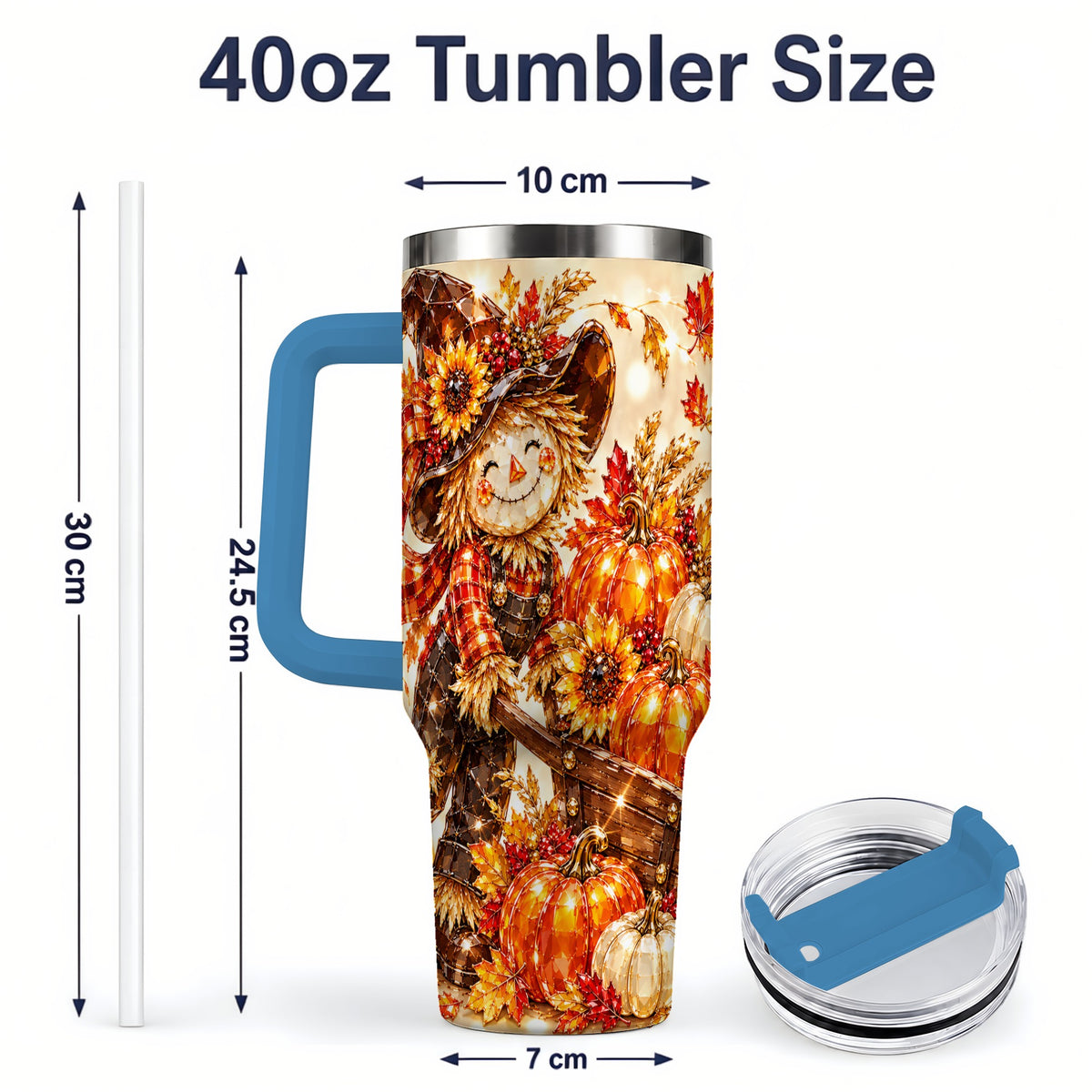 #pl[40oz|Blue] Harvest Scarecrow 40oz Tumbler, Pumpkin Wagon Artwork for Fall Lovers