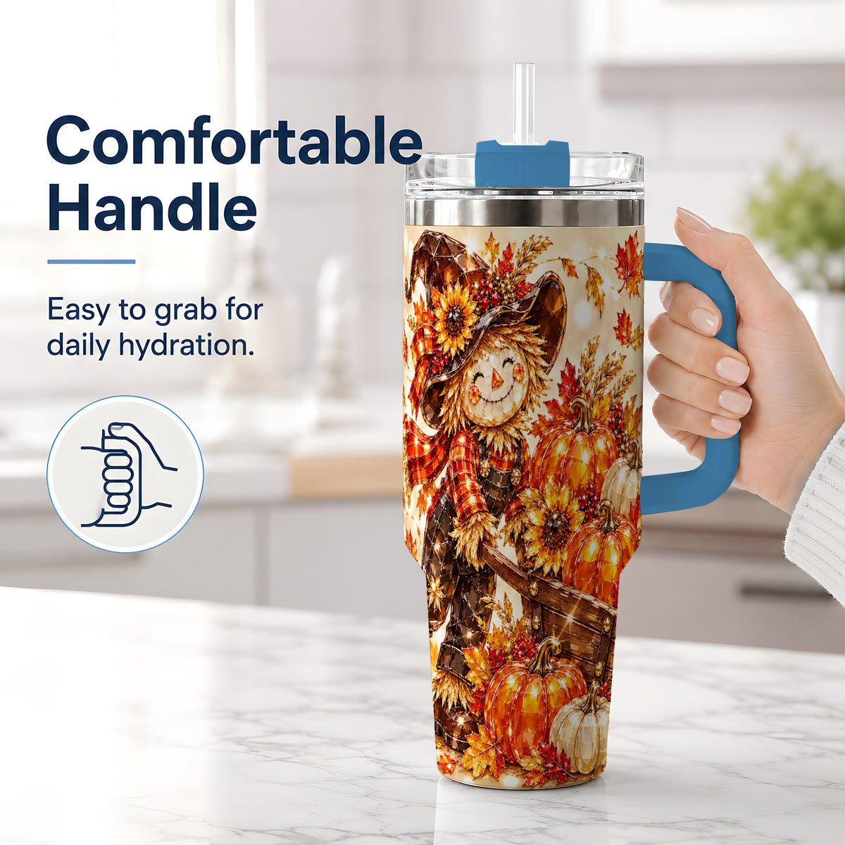 #pl[40oz|Blue] Harvest Scarecrow 40oz Tumbler, Pumpkin Wagon Artwork for Fall Lovers