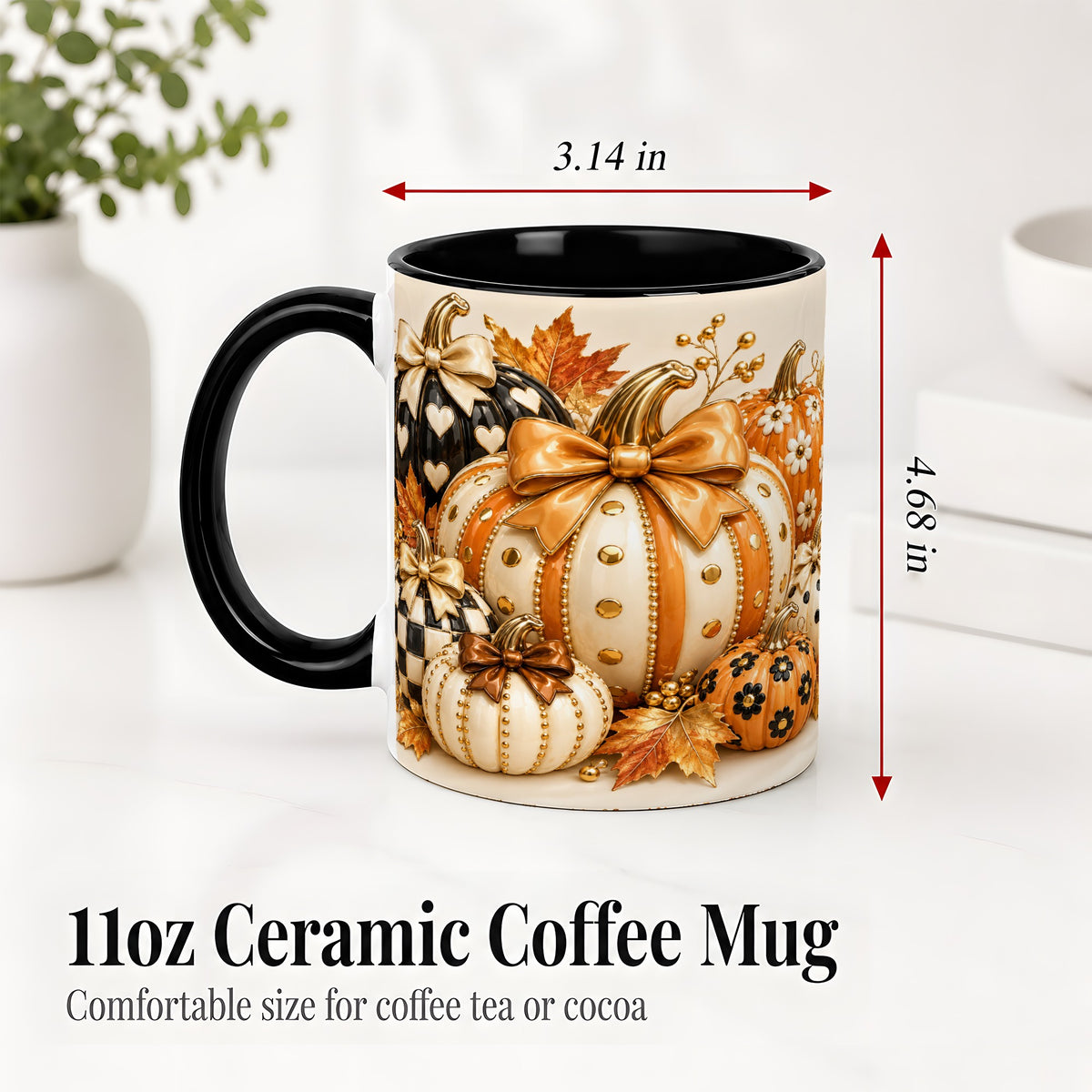 #pl[11oz|Black] Cute Fall Pumpkin Bow Ceramic Mug, Floral Polka Dot Artwork