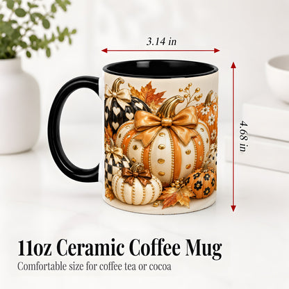 #pl[11oz|Black] Cute Fall Pumpkin Bow Ceramic Mug, Floral Polka Dot Artwork