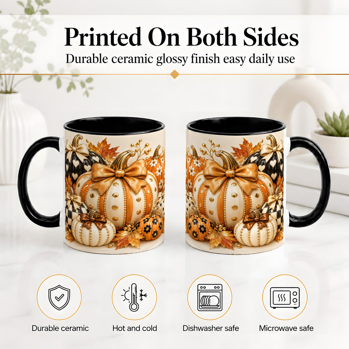 #pl[11oz|Black] Cute Fall Pumpkin Bow Ceramic Mug, Floral Polka Dot Artwork