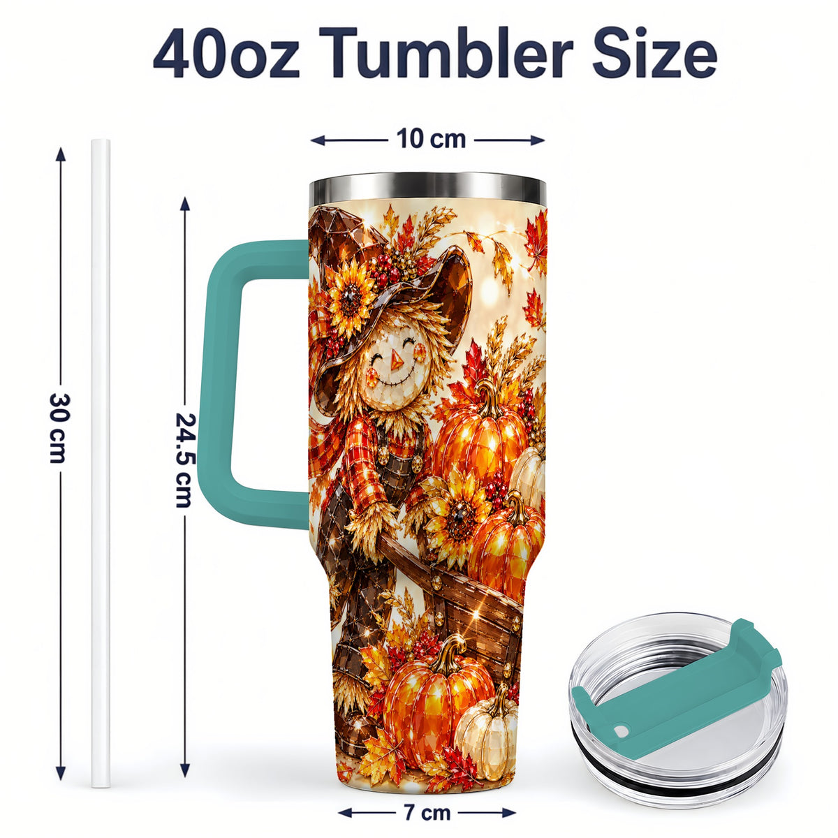 #pl[40oz|Green] Harvest Scarecrow 40oz Tumbler, Pumpkin Wagon Artwork for Fall Lovers