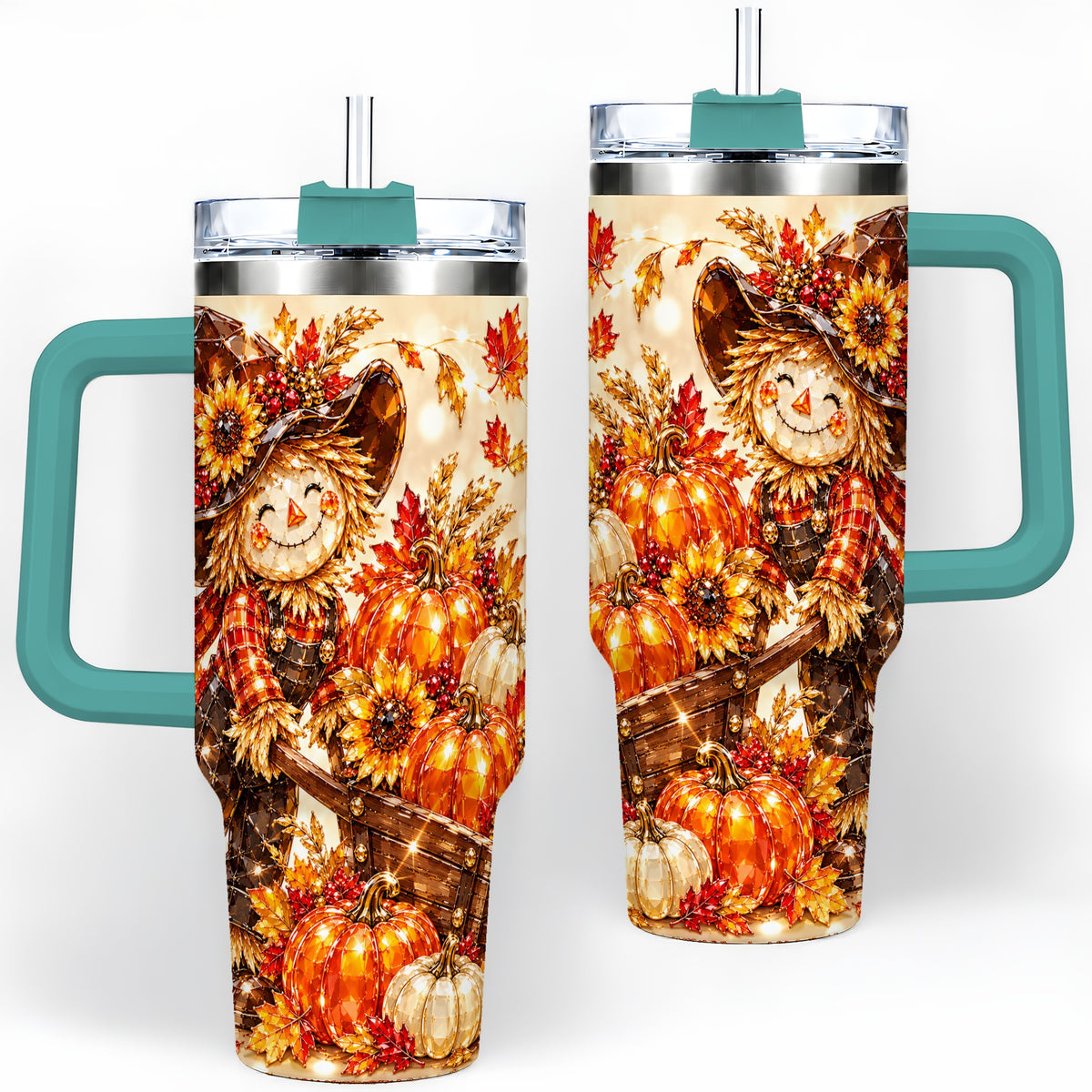 #pl[40oz|Green] Harvest Scarecrow 40oz Tumbler, Pumpkin Wagon Artwork for Fall Lovers