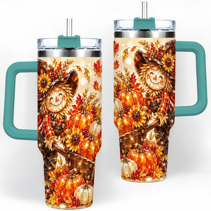 #pl[40oz|Green] Harvest Scarecrow 40oz Tumbler, Pumpkin Wagon Artwork for Fall Lovers