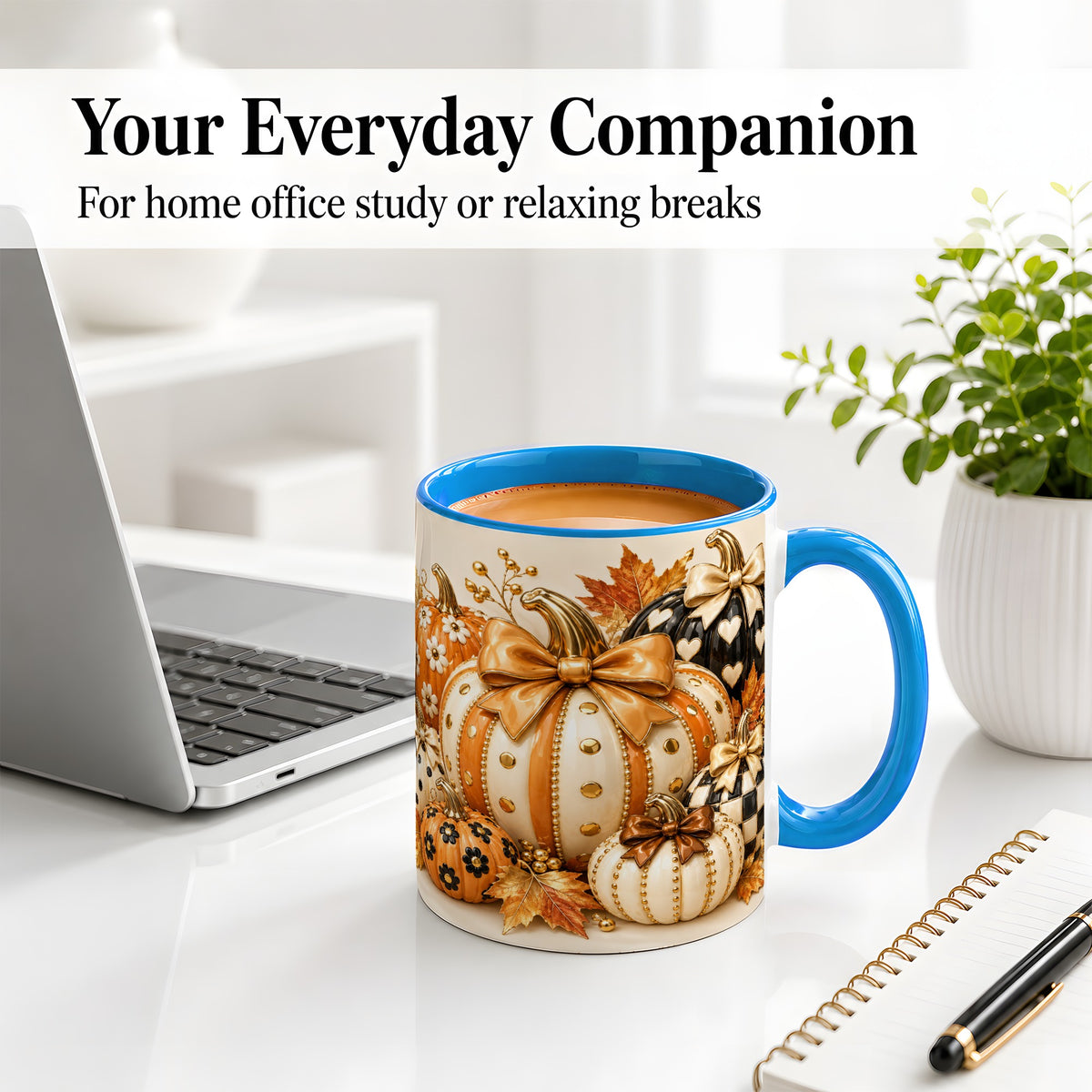 #pl[11oz|Blue] Cute Fall Pumpkin Bow Ceramic Mug, Floral Polka Dot Artwork