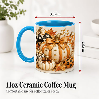 #pl[11oz|Blue] Cute Fall Pumpkin Bow Ceramic Mug, Floral Polka Dot Artwork